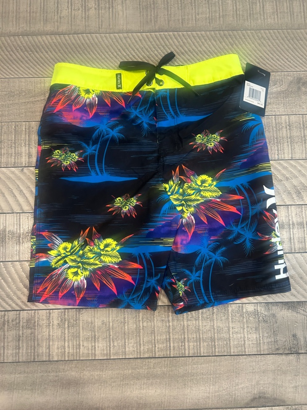 Hurley Black Tropical Floral Boardshorts with Neon Yellow Waistband
